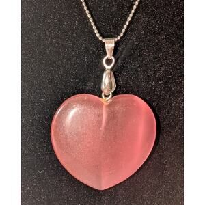 Vintage Glass 1.5 in Heart Pendant on Merlite Stamped Silver Tone 18 in chain
